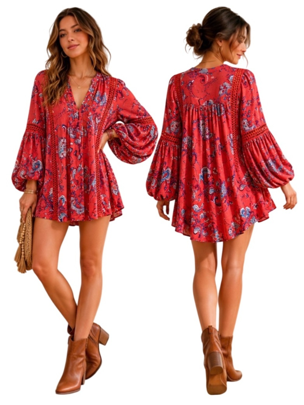 Y2K FREE PEOPLE Paisley Tunic 100% Rayon Womens Small Romantic Bohemian Festival